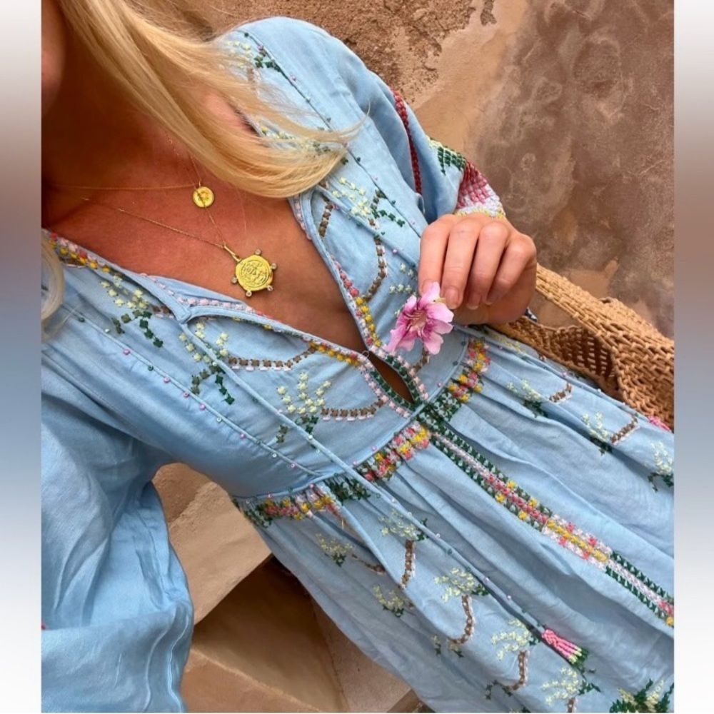 NEW FARM Rio Embroidered Pineapple Maxi Dress Beaded Tassel Linen Blue Size M - Picture 12 of 16